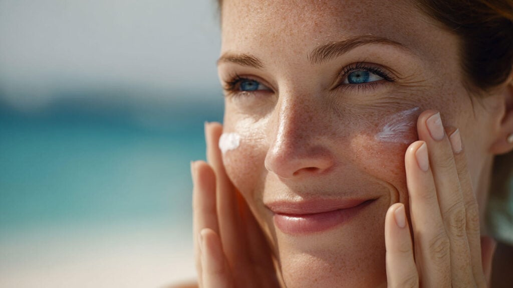 Beauty Blog Woman applying sunscreen on her face with ocean backdrop for skincare and sun protection routine