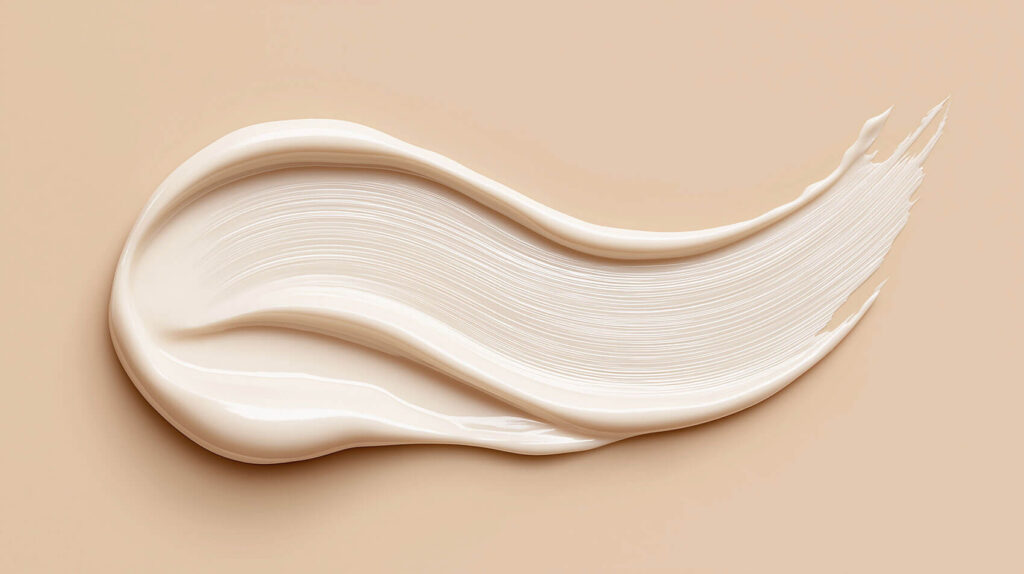 Beauty Blog Wavy cream smear on beige texture background. Creamy white sunscreen lotion swatch