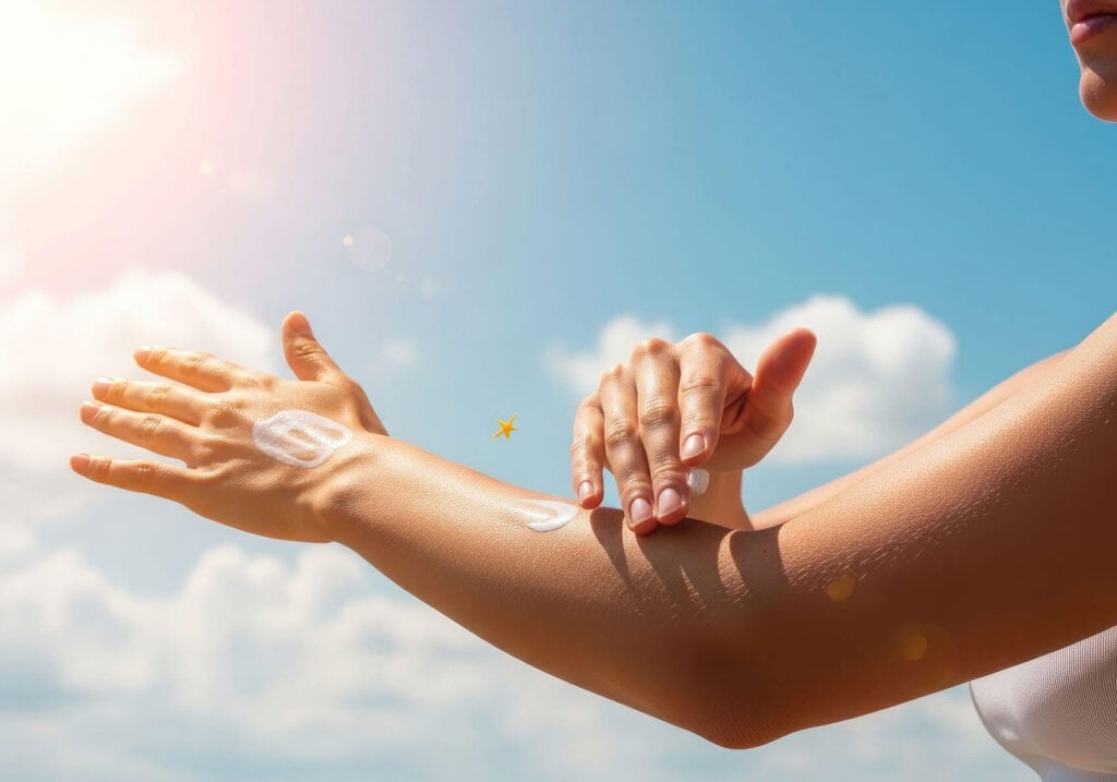 Beauty Blog Woman applying sunscreen on her arm against a bright blue sky