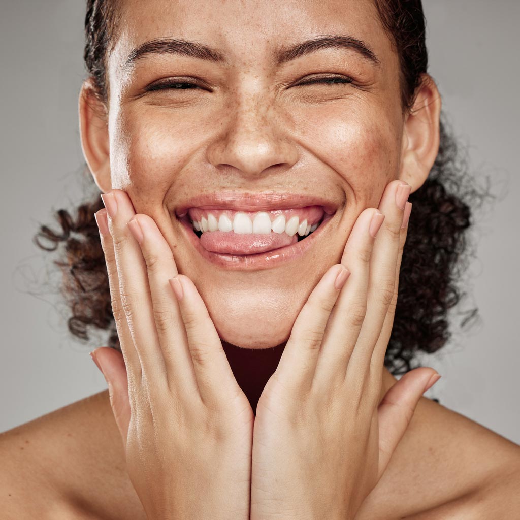 Beauty Blog Beauty, face and portrait of a black woman model smile from facial and spa hyaluronic acid for skin treatment