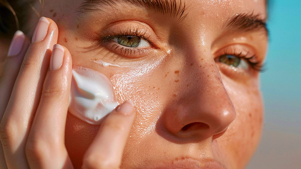 Beauty Blog Outdoor portrait of beautiful woman with sunscreen cream with SPF on her cheek