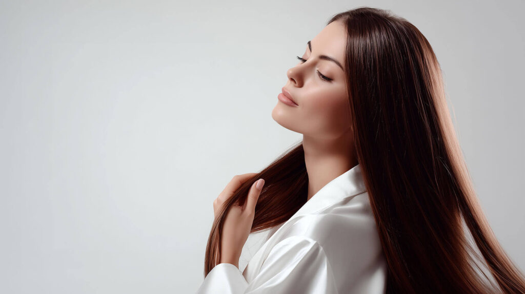 Beauty Blog Young woman with long glossy dark hair stock art