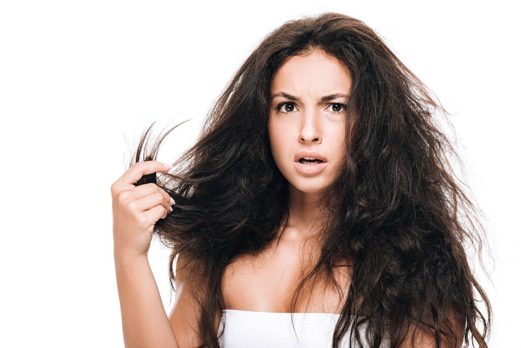 Beauty Blog stressed brunette holding damaged dry hair