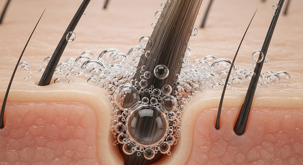 Beauty Blog Detailed 3D rendering of a hair follicle on the scalp being cleansed stock photo