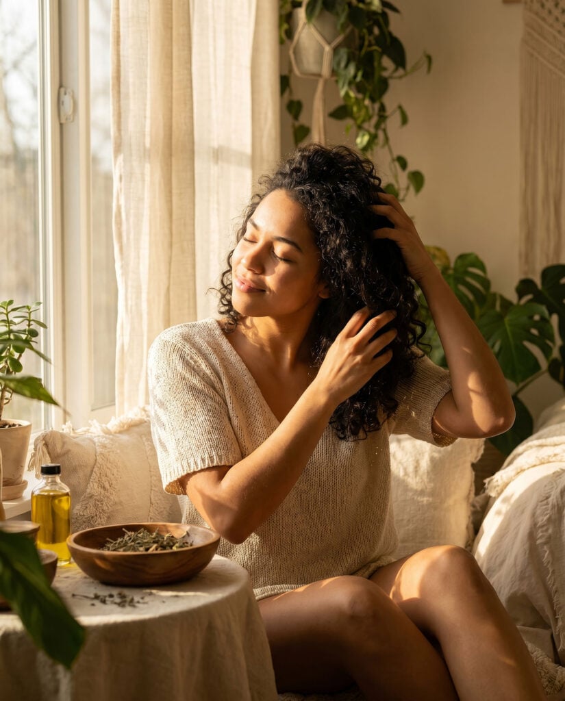 Beauty Blog Young woman using Amika Hair Care Routine massaging scalp with fingers in natural morning sunlight