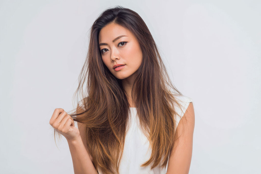 Beauty Blog woman with long color-treated hair stock photo