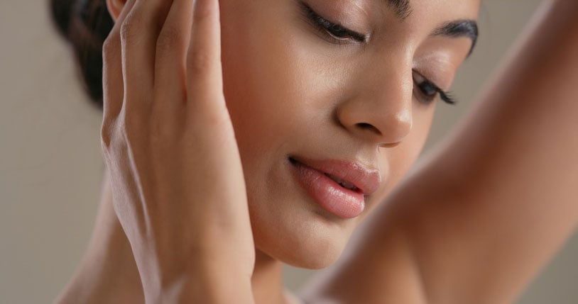 Beauty Blog Face skincare and woman on studio background stock photo