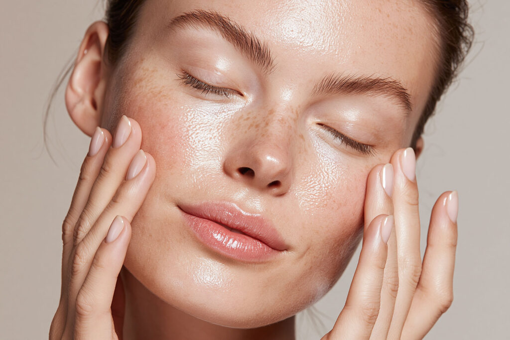 Beauty Blog Glowing young woman with combination skin stock photo