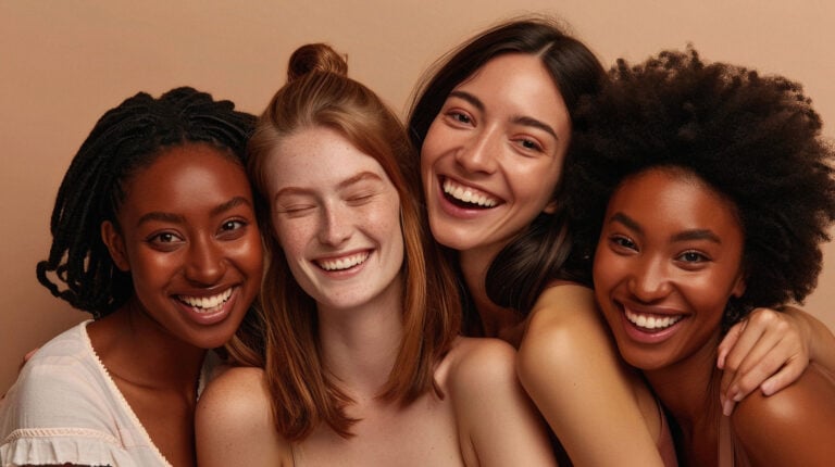 Group of diverse women with different skin types smiling stock photo