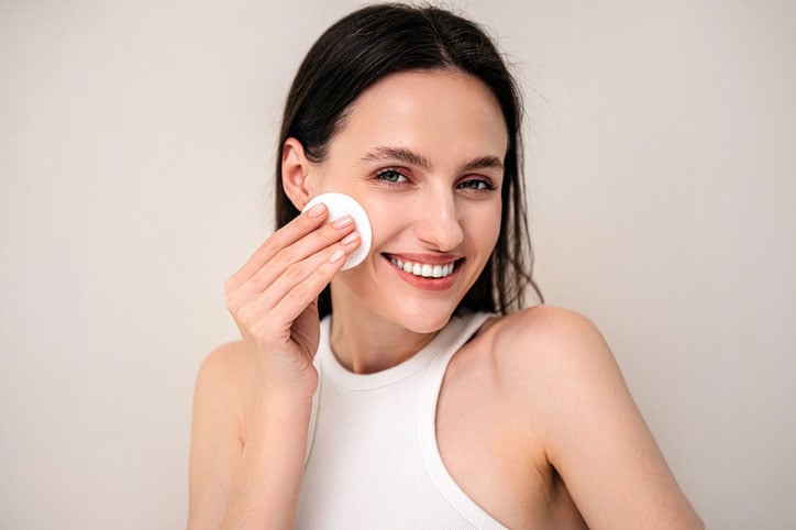 Beauty Blog Happy woman removing makeup with cotton sponge stock photo