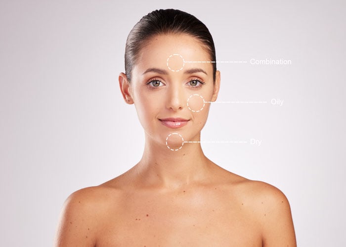 Beauty Blog young woman with skin types indicated on her face stock poto